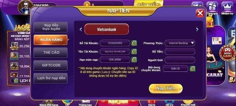 nạp tiền 68 game bài qua ngân hàng