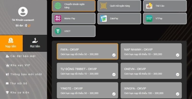 789bet cung cấp đầy đủ và đa dạng các phương thức nạp tiền