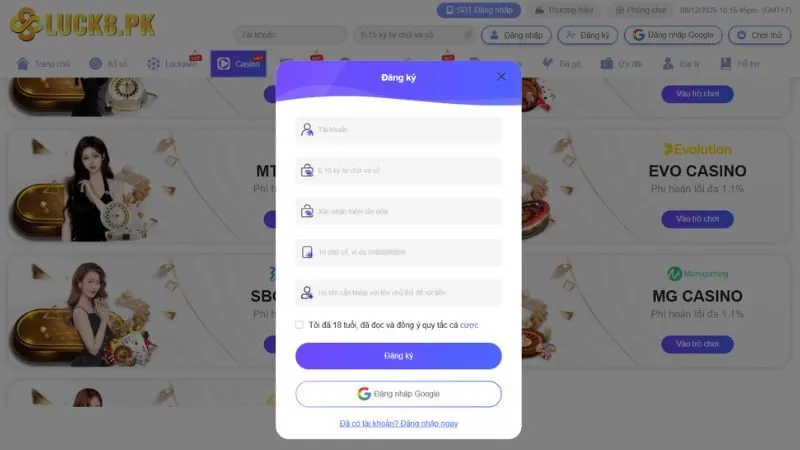 Giao diện đăng ký mở tài khoản trải nghiệm tại nhà cái Luck8