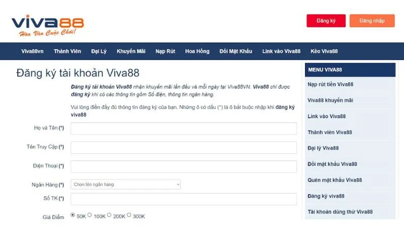 Biểu mẫu đăng ký chơi cá cược tại Viva88