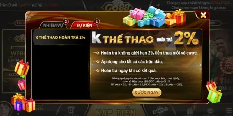 Hoàn trả K Thể Thao 2% mỗi ngày tại HitClub